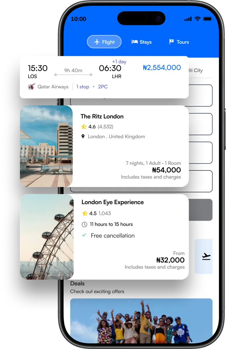 The Intraverse app with Flight, Stays and Tours tabs, showing a sample flight from Lagos to London, a hotel and a tour, each with a price. Sample data.